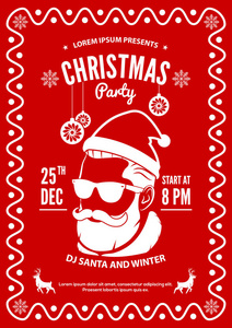 圣诞派对请柬, 传单或海报设计与圣诞老人帽子, 胡子和眼镜