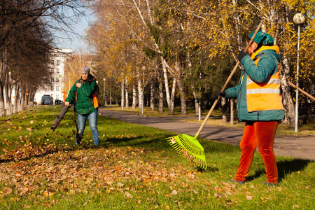 穿着制服的清洁工用吸尘器清除了一个城市公园秋天街上绿草中掉落的黄色叶子。 清洁城市和在新鲜空气中工作的概念