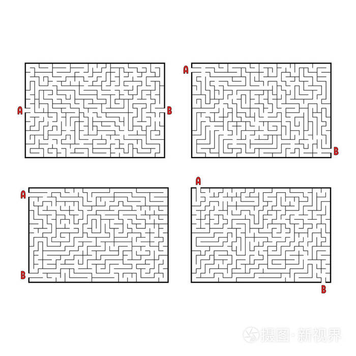 一组长方形迷宫. 孩子们的游戏. 儿童拼图. 迷宫难题.