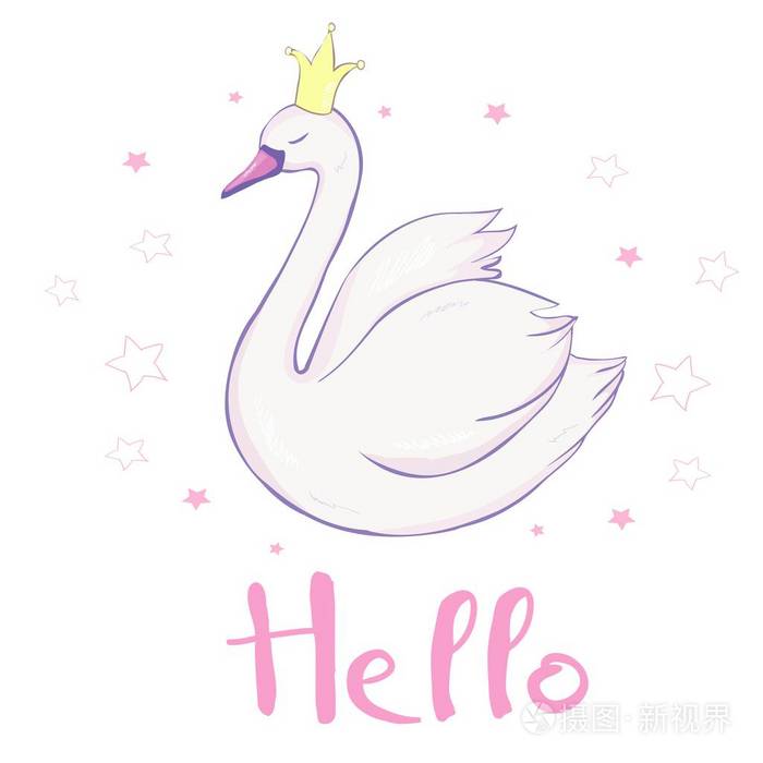 可爱可爱的公主天鹅白色背景矢量插图