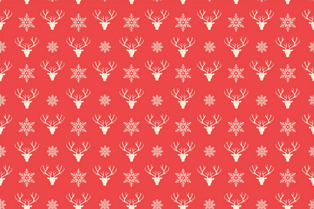 圣诞快乐图案无缝。 驯鹿头背景。 红色圣诞壁纸。 无尽的纹理礼品包装壁纸，网页横幅，背景包装纸和织物图案。
