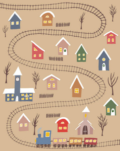 冬天的村庄，有五颜六色的房子和铁路道路，有工艺背景。 手绘冬季乡村卡片海报及其他设计