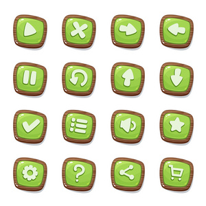 一组16个绿色果冻图标在木制框架隔离在白色背景上的游戏用户界面。 卡通风格的移动应用程序矢量元素模板。