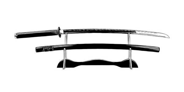 手绘日本片假名剑在白色背景上分离的素描. 详细的复古蚀刻图纸.照片