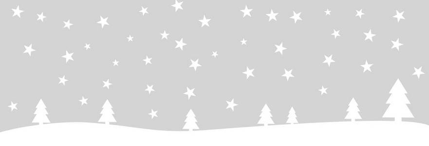 灰色背景横幅，白色冬季景观，冷杉树和星星