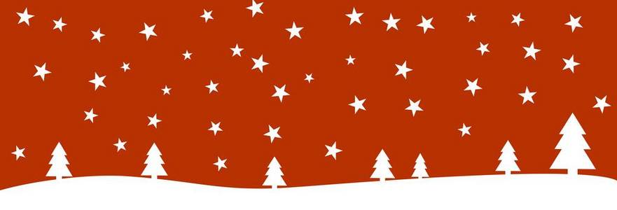 红色背景横幅，白色冬季景观，冷杉树和星星