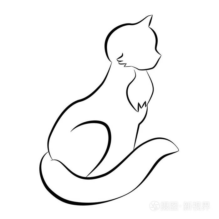 极简主义的坐猫画.猫涂鸦在抽象手绘风格, 黑线和白线艺术向量例证.