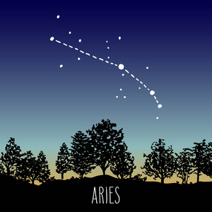 手工绘制的钻石象征白羊座手工绘制的生肖星座在黄昏的天空上落叶林.