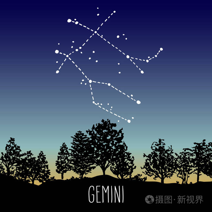 双子座绘制的生肖星座在黄昏的天空上落叶林矢量图形占星术插图西方