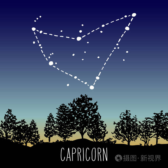 摩羯座绘制的生肖星座在黄昏的天空上的落叶森林.