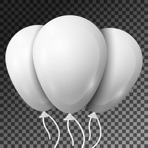 现实的白色气球与丝带隔离在透明背景。有光泽的五颜六色的有光泽的气球的向量例证为生日党