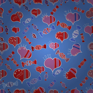 s with blue, red and pink elements. Heart pattern. Vector illus