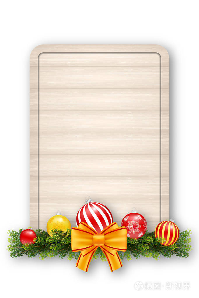 圣诞礼品卡与木材背景, 冷杉花环和弓.