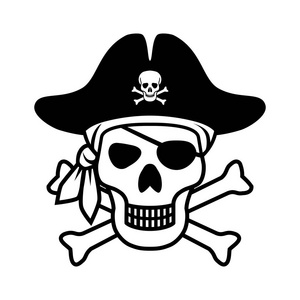 符号快乐罗杰。 图标海盗头骨隔离在白色背景上。 用绷带海盗帽和骨头标记头骨。 单色矢量插图
