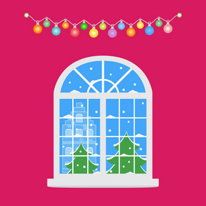 新年快乐2019和圣诞矢量插图。 圣诞窗，可以看到用花环装饰的冬季景观。 圣诞树房子雪。