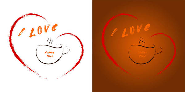 我喜欢咖啡时间。 红色的心用刷子画。 一杯咖啡在心里，上面写着咖啡时间。 棕色背景上的图形。