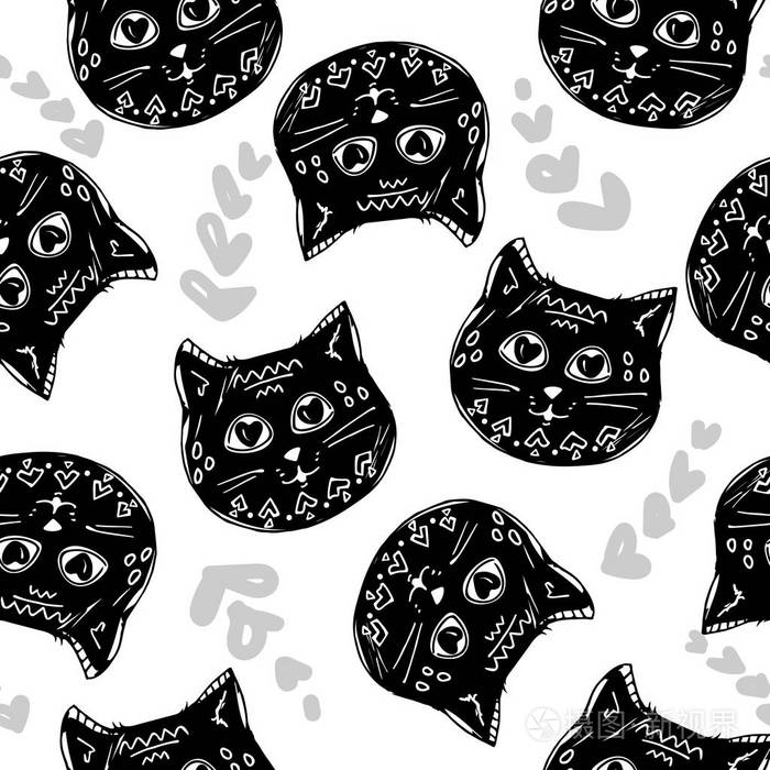 有几何图案的可爱猫. 无缝图案背景黑白. 孩子们的风格. 手绘.