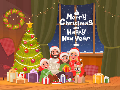 圣诞快乐，新年快乐。 一家人在盛装的圣诞树上庆祝节日。 爸爸妈妈儿子和女儿在一个舒适的家。 卡通风格的矢量插图。