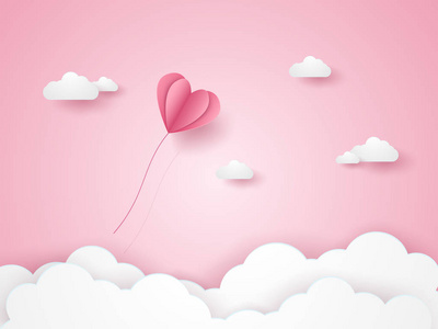 情人节爱情插图粉心气球飞在粉天纸艺术风格