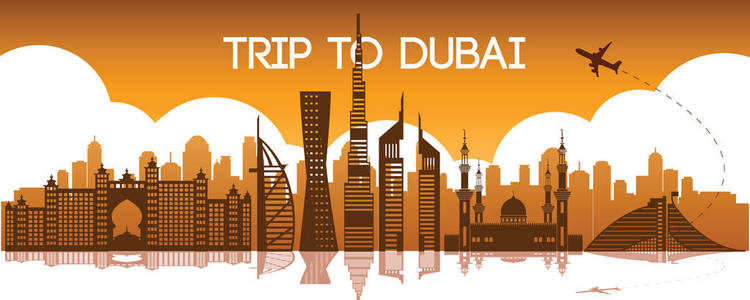 迪拜著名地标，旅游目的地，轮廓设计，白色和橙色渐变色，矢量插图