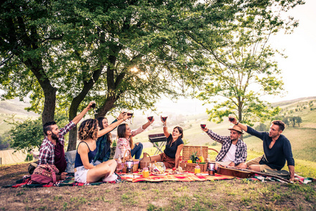 的朋友,在乡下的一个烧烤聚会上,在户外野餐,人们一边玩,一边庆祝照片
