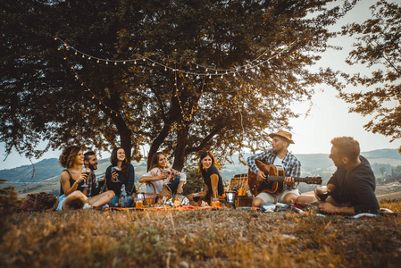 一群年轻快乐的朋友，在乡下的一个烧烤聚会上，在户外野餐，人们一边玩，一边庆祝