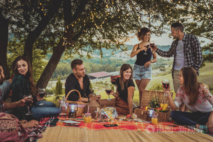 一群年轻快乐的朋友在乡下的一个烧烤聚会上在户外野餐人们一边玩一边