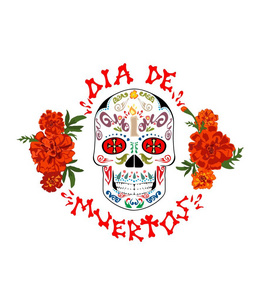 T恤印有墨西哥糖头骨diadeMuertos手绘字和万寿菊死亡日