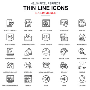 细线在线购物和电子商务图标设置为网站和移动网站和应用程序。 包含支付支持等图标。 48x48像素完美。 线性象形文字包。 矢量图