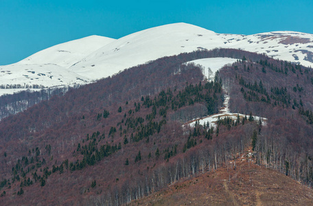 早春喀尔巴阡山脉高原景观，积雪覆盖山脊顶部在遥远的乌克兰。