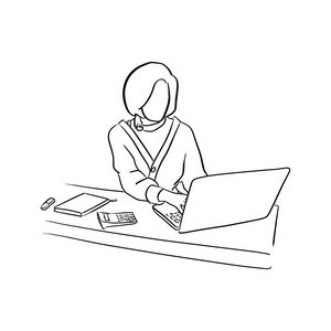 女商人用电脑笔记本电脑在她的书桌矢量插图素描涂鸦手画黑线隔离在白色背景