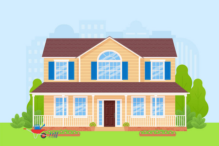 房子外面. 矢量. 家庭门面. 联排别墅前建筑与草坪树灌木林城市景观.