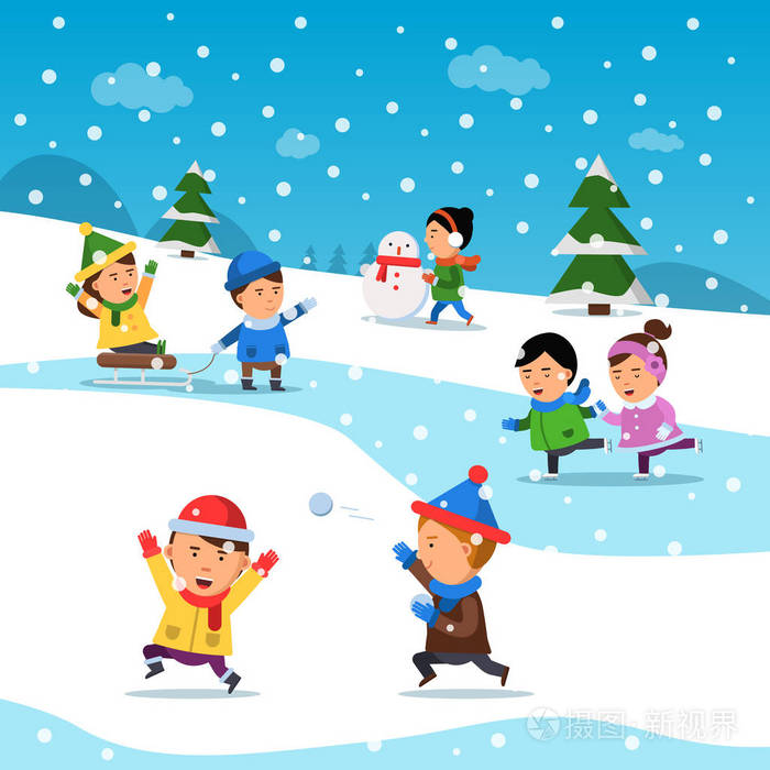 滑稽的微笑幸福孩子们在冷雪操场假日动画片向量背景