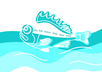 矢量海洋模板。 天然海鱼。 涂鸦艺术线设计。 彩色插图。 图形素描蓝色海洋白色简单背景。 有机新鲜食品。 海鲈鱼抽象风格。 捕鱼