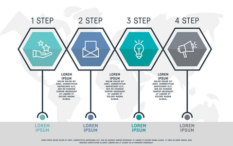 平线矢量插图。 信息模板与四个福元六边形文本。 时间表一步地。 设计用于商业演示，网页设计图培训，有4个步骤。