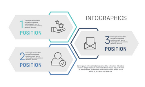 平线矢量插图。 具有三个元素六边形矩形的信息模板。 时间表一步地。 设计用于商业演示，网页设计图培训，有3个步骤。