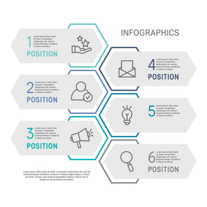 平线矢量插图。 具有六个元素六边形矩形的信息模板。 时间表一步地。 设计用于商业演示，网页设计图培训，有6个步骤。