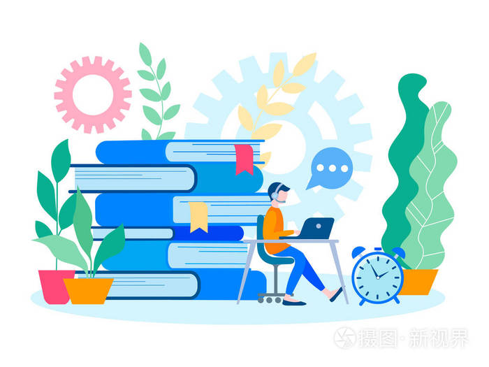 教育培训和在线研讨会一个在课程中学习的年轻学生为考试做准备矢量图