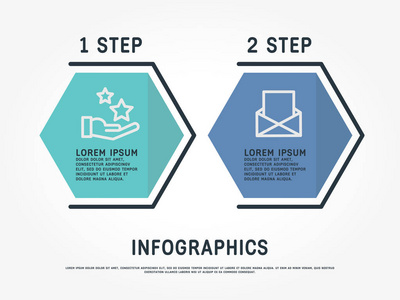 平线矢量插图。 具有两个元素六边形文本的信息模板。 时间表一步地。 设计用于商业演示，网页设计图培训，有2个步骤。