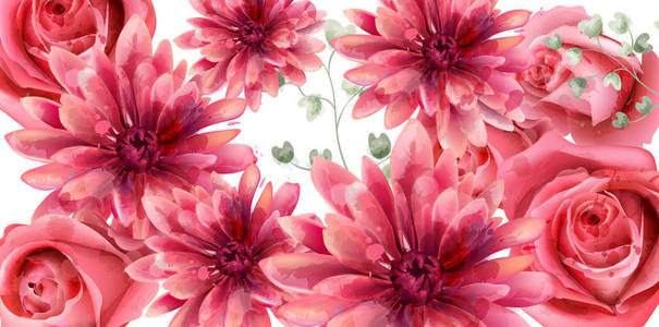 春天玫瑰和雏菊横幅水彩画向量。美丽的复古柔和的颜色花卉装饰