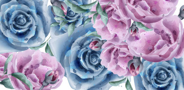蓝色玫瑰水彩画向量横幅。美丽的复古柔和色彩花卉装饰海报