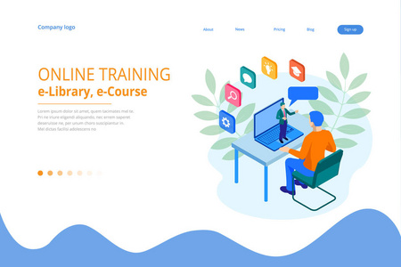 等距网页横幅在线培训或教育和互联网培训课程的概念。着陆页模板。网页的现代设计