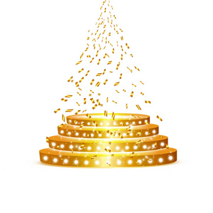 金色的领奖台, 聚光灯在白色的背景上, 带着五彩纸屑, 第一名, 名气和人气。向量例证。用于展览的空圆形货架黄金