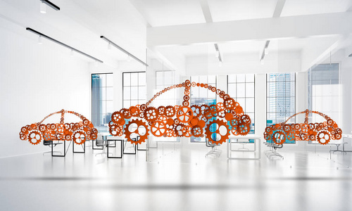汽车图标由齿轮和齿轮在白色办公室背景。 3D渲染