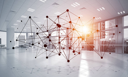 聚传播与点相连的线条作为办公室内部的社会传播概念. 3d渲染照片