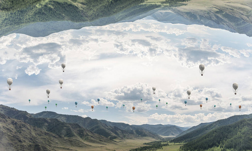 两个自然世界的抽象图像，在天空背景上相互颠倒，空中飞行。 壁纸背景与共空间。