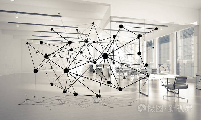 与点相连的线条作为办公室内部的社会传播概念。 3D渲染