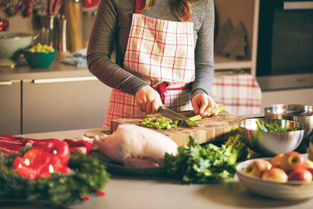 年轻女子在厨房做饭。 圣诞健康食品鸭肉或鹅肉