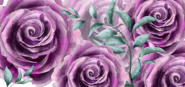 玫瑰花水彩画横幅海报向量。美丽的复古紫色的花纹装饰