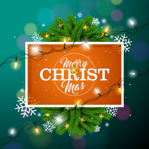 圣诞快乐例证在橙色背景与排版和节日光花环, 松树枝, 雪花和装饰球。向量新年快乐设计